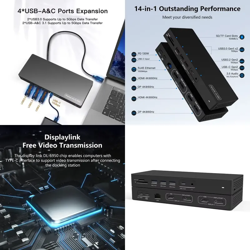 저렴한 가격의 14포트 USB-C 도킹 스테이션, 듀얼 - Docking Station Displaylink Dual 4K 리뷰 및 가격